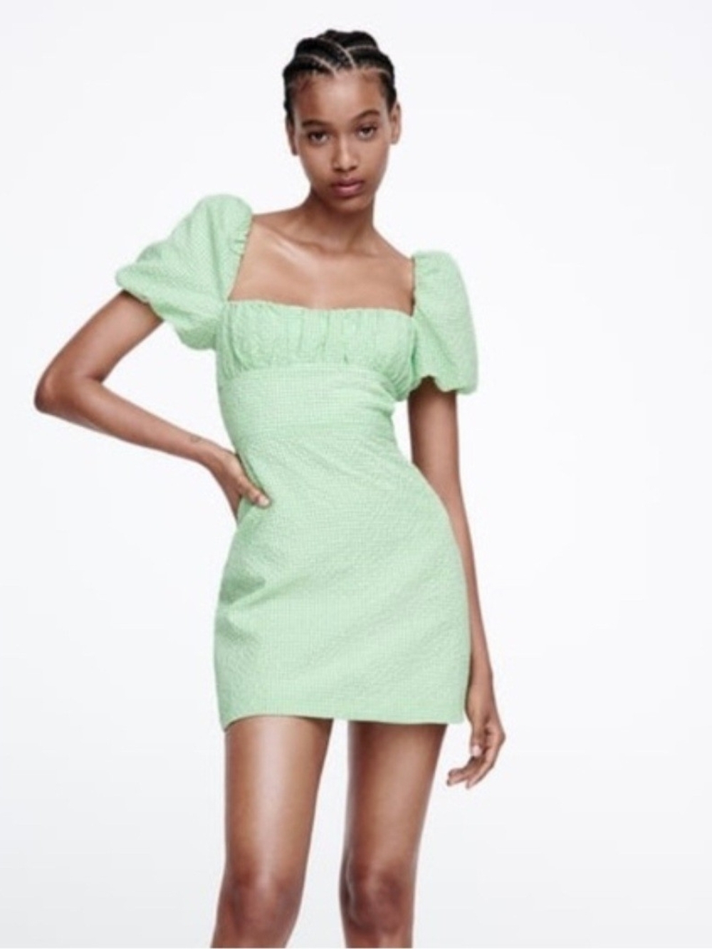 Zara💎 Mint Green Square-Neck Puff Sleeve Mini Dress